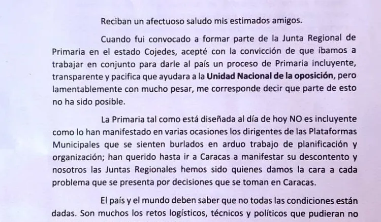 presidente junta regional primarias estado cojedes